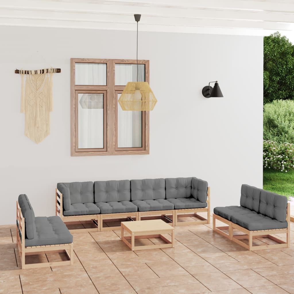 Salon de jardin 9 pcs avec coussins Bois de pin massif