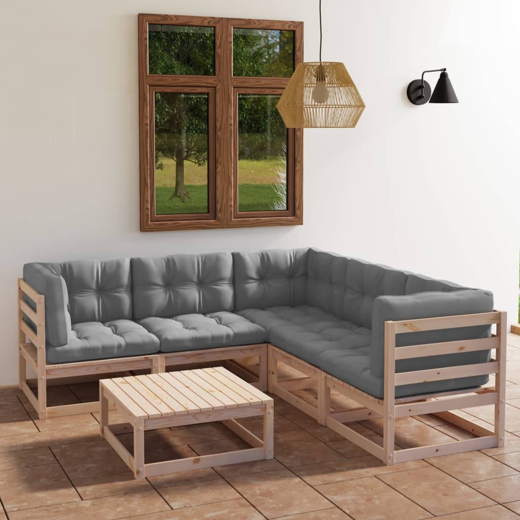 Salon de jardin 6 pcs avec coussins Bois de pin massif