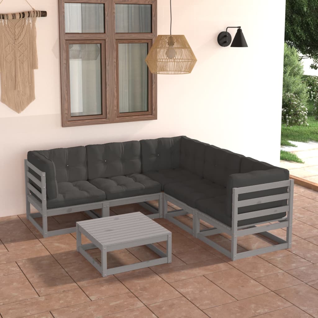 Salon de jardin 6 pcs avec coussins Bois de pin massif