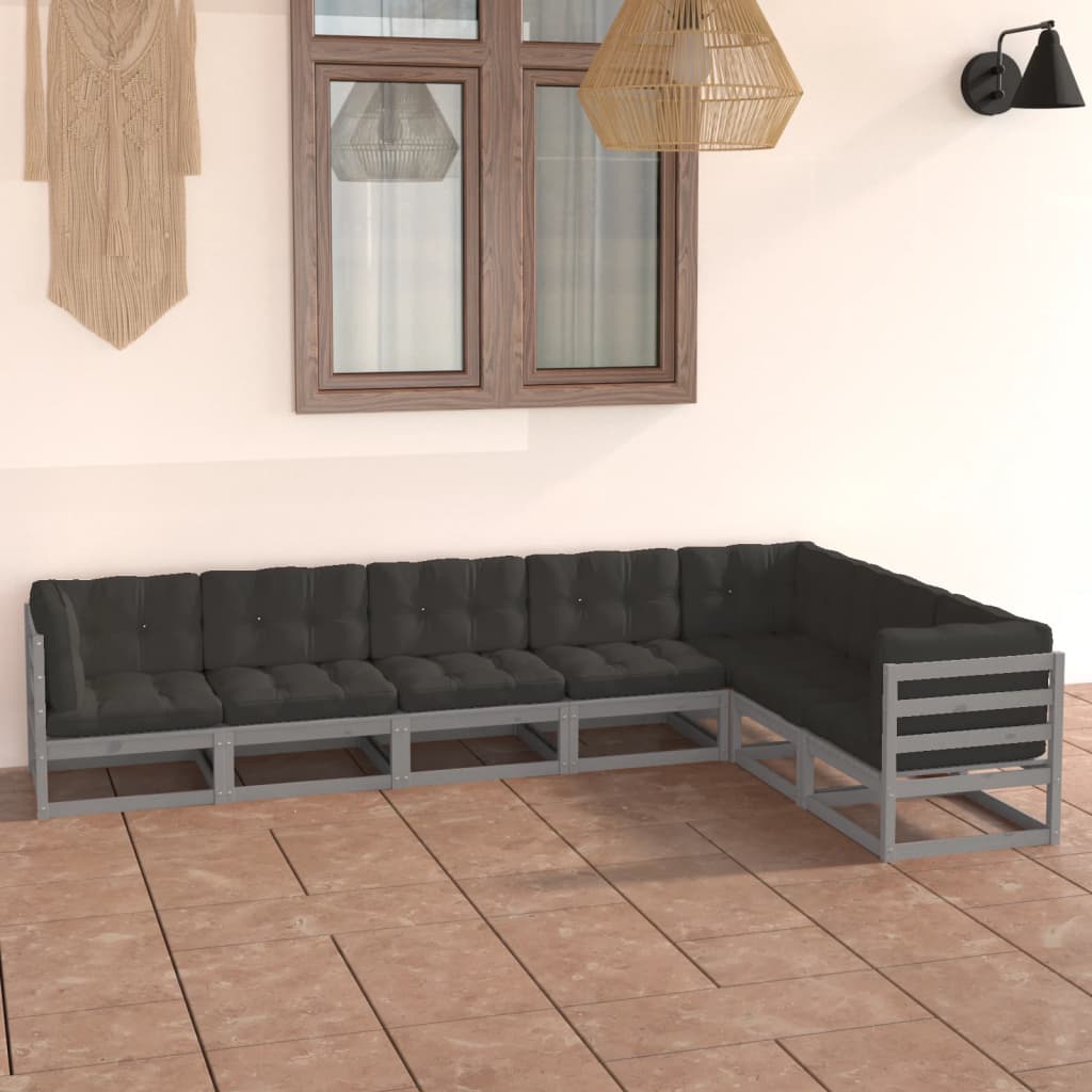 Salon de jardin 7 pcs avec coussins Gris Bois de pin massif