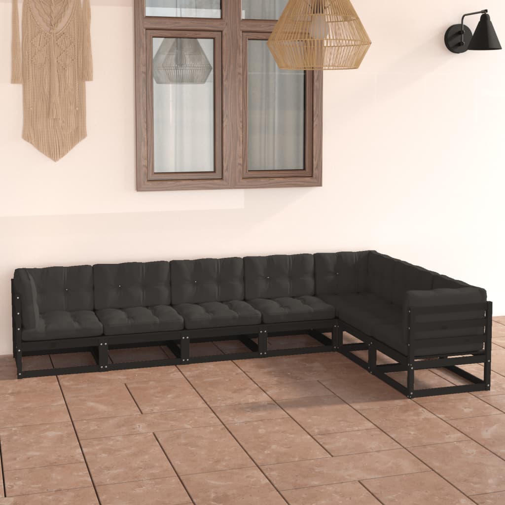 Salon de jardin 7 pcs avec coussins Noir Bois de pin massif