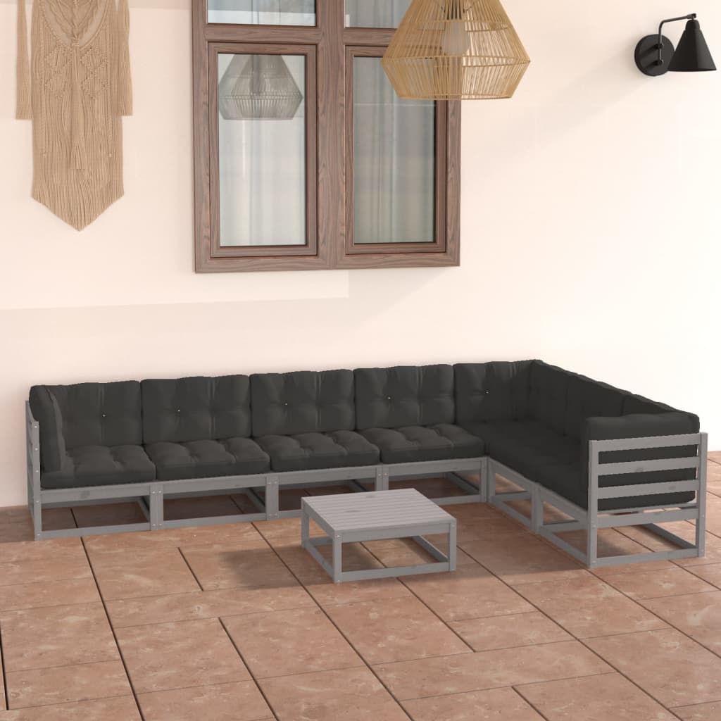 Salon de jardin 8 pcs avec coussins Gris Bois de pin massif