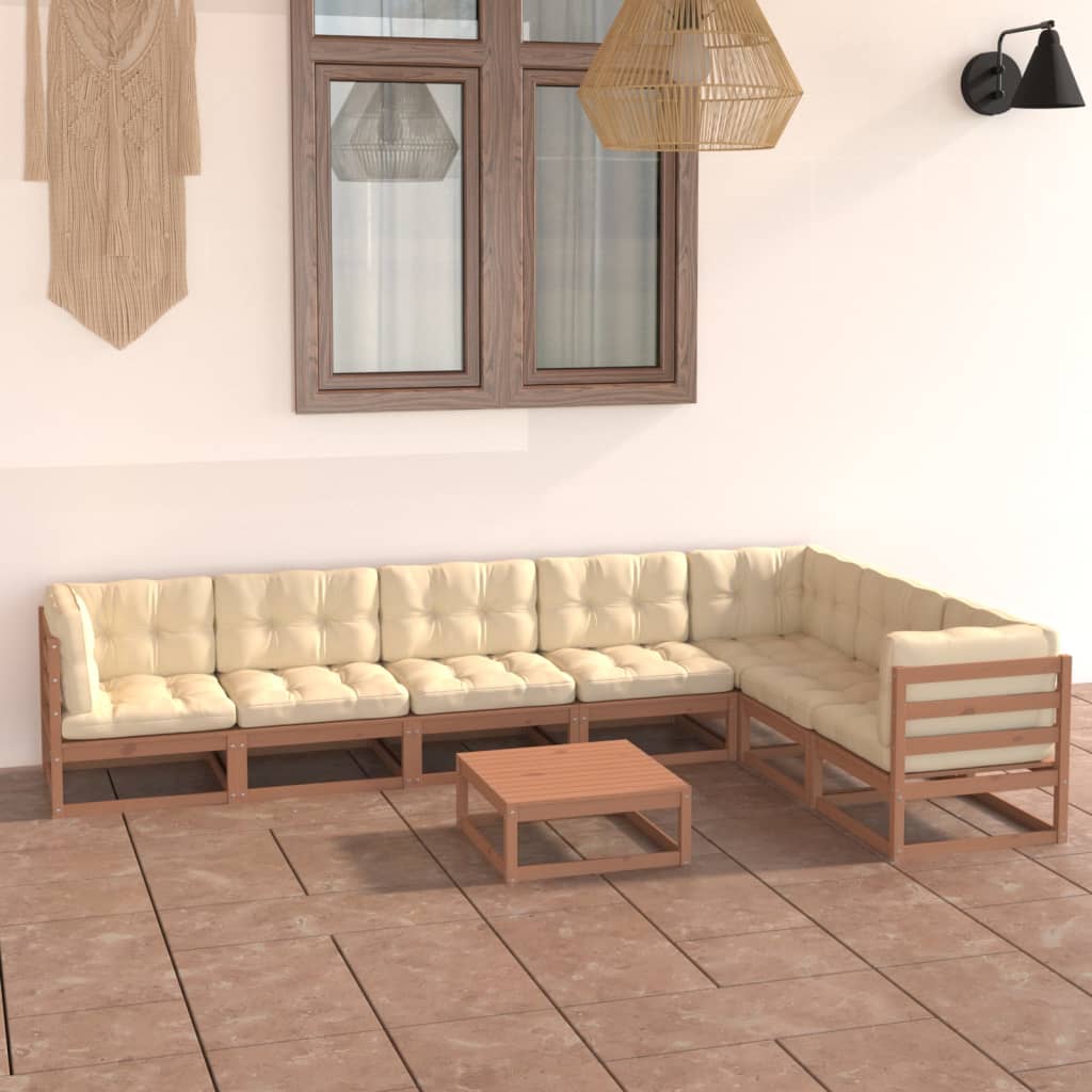 Salon de jardin 8 pcs avec coussins Marron miel Bois de pin