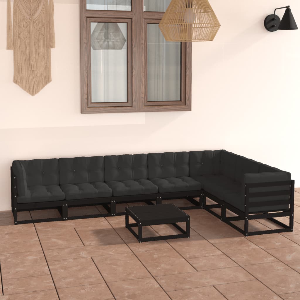 Salon de jardin 8 pcs avec coussins Noir Bois de pin massif