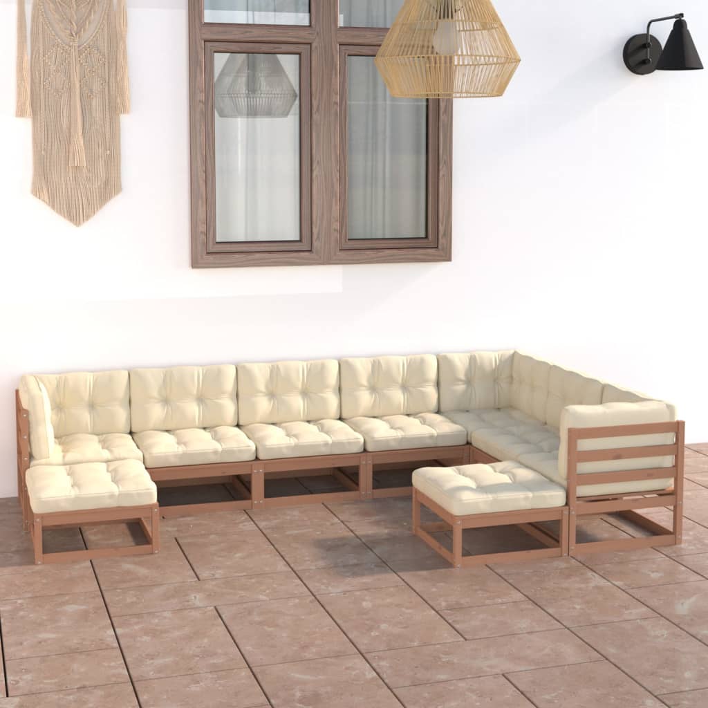 Salon de jardin 9 pcs avec coussins Marron miel Bois de pin