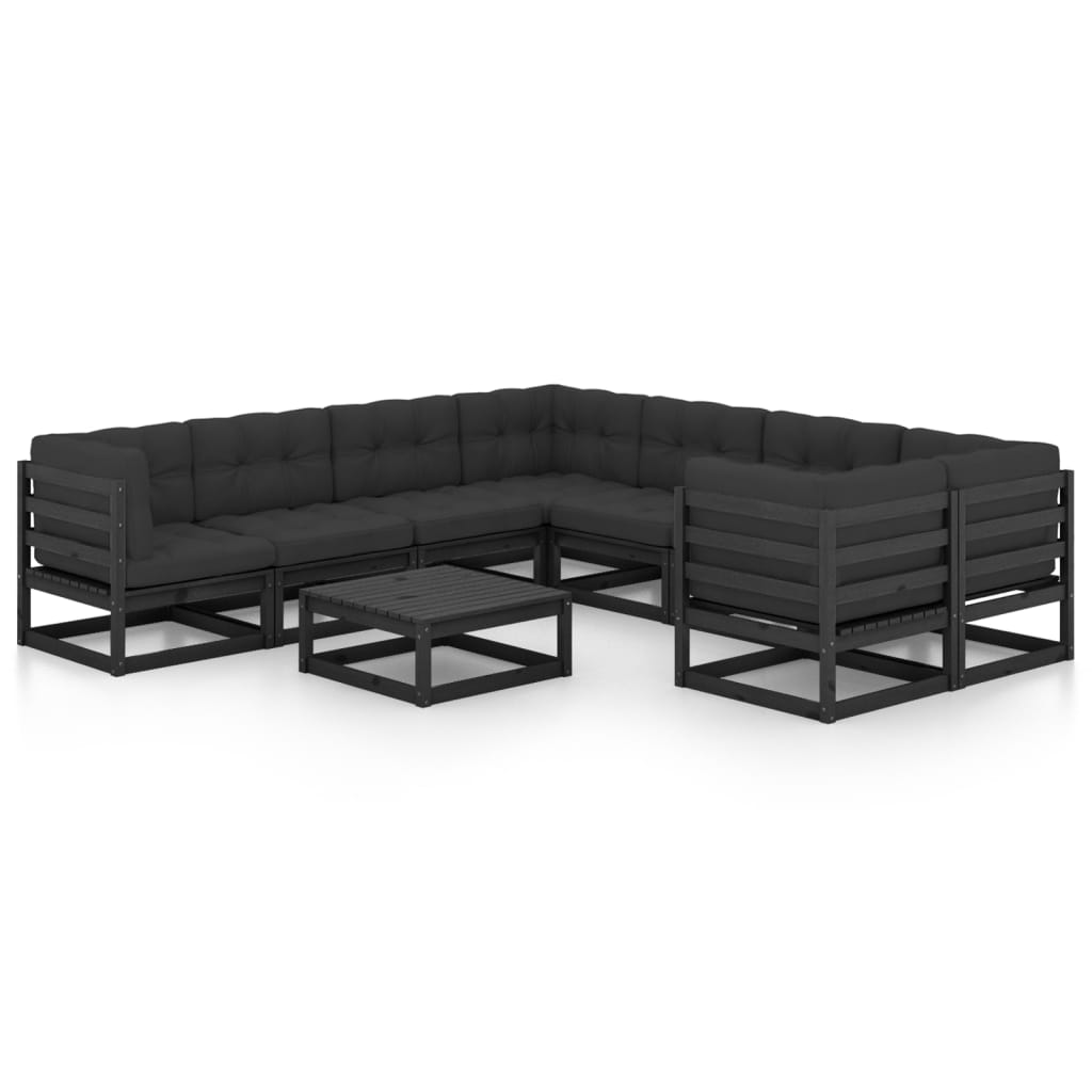 Salon de jardin 9 pcs avec coussins Noir Bois de pin massif