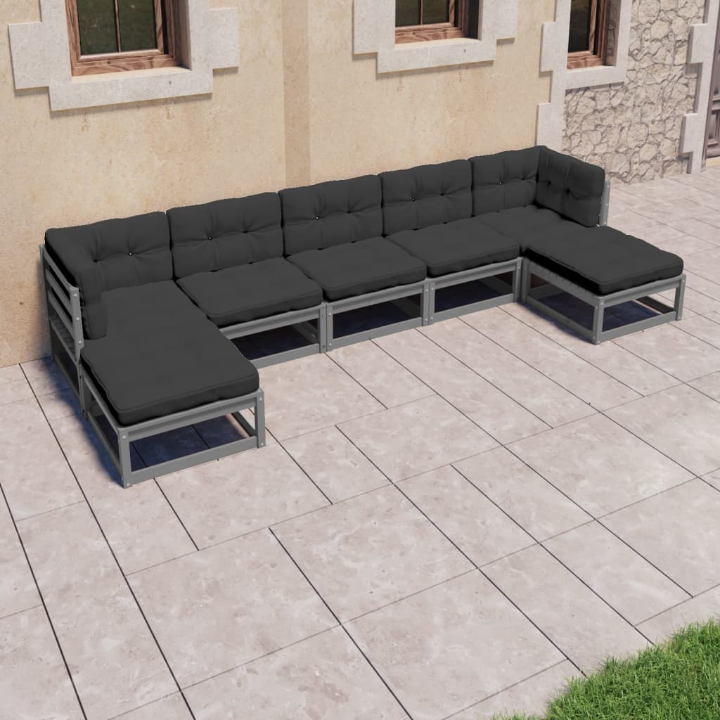 Salon de jardin 7 pcs avec coussins Gris Bois de pin massif