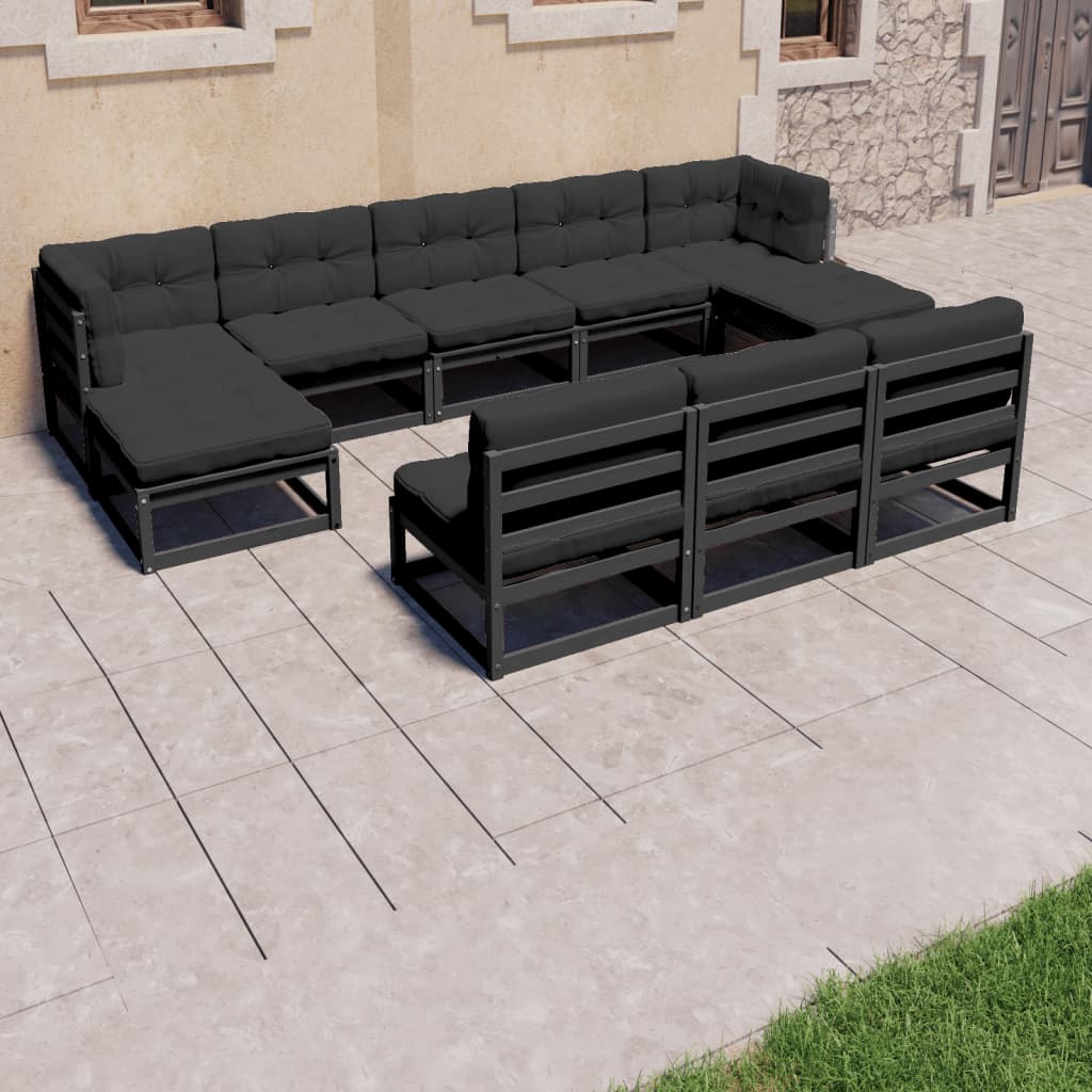 Salon de jardin 8 pcs avec coussins Noir Bois de pin massif