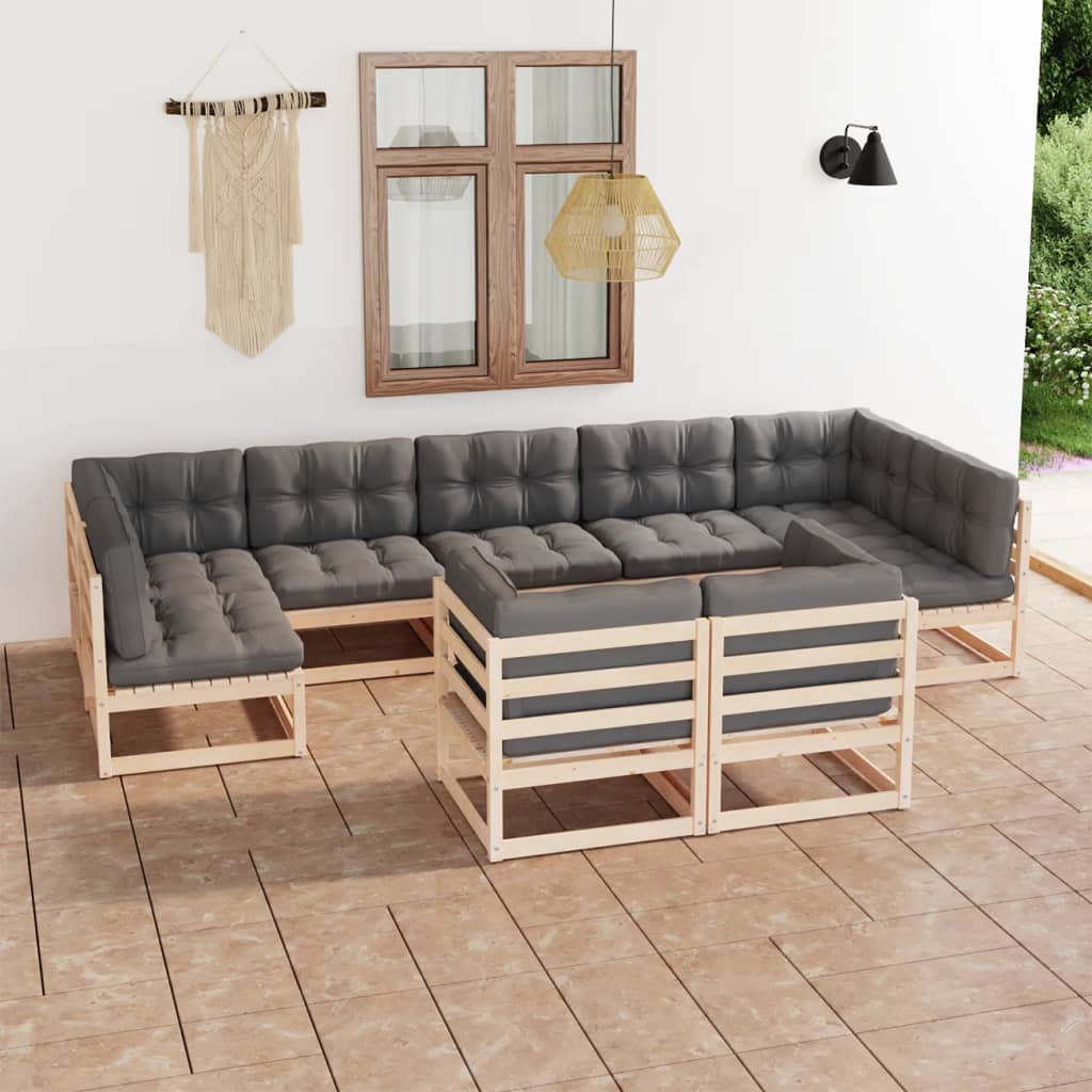 Salon de jardin 9 pcs avec coussins Bois de pin massif