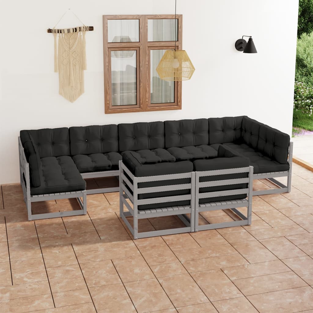 Salon de jardin 9 pcs avec coussins Gris Bois de pin massif