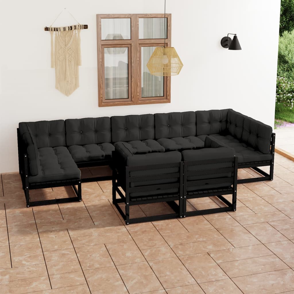 Salon de jardin 9 pcs avec coussins noir bois de pin massif