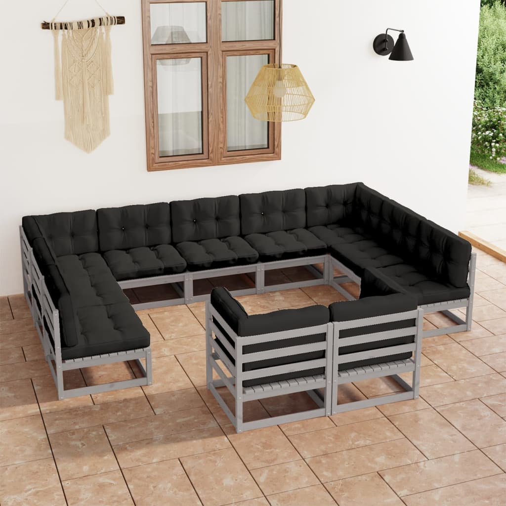 Salon de jardin 11 pcs avec coussins Gris Bois de pin massif