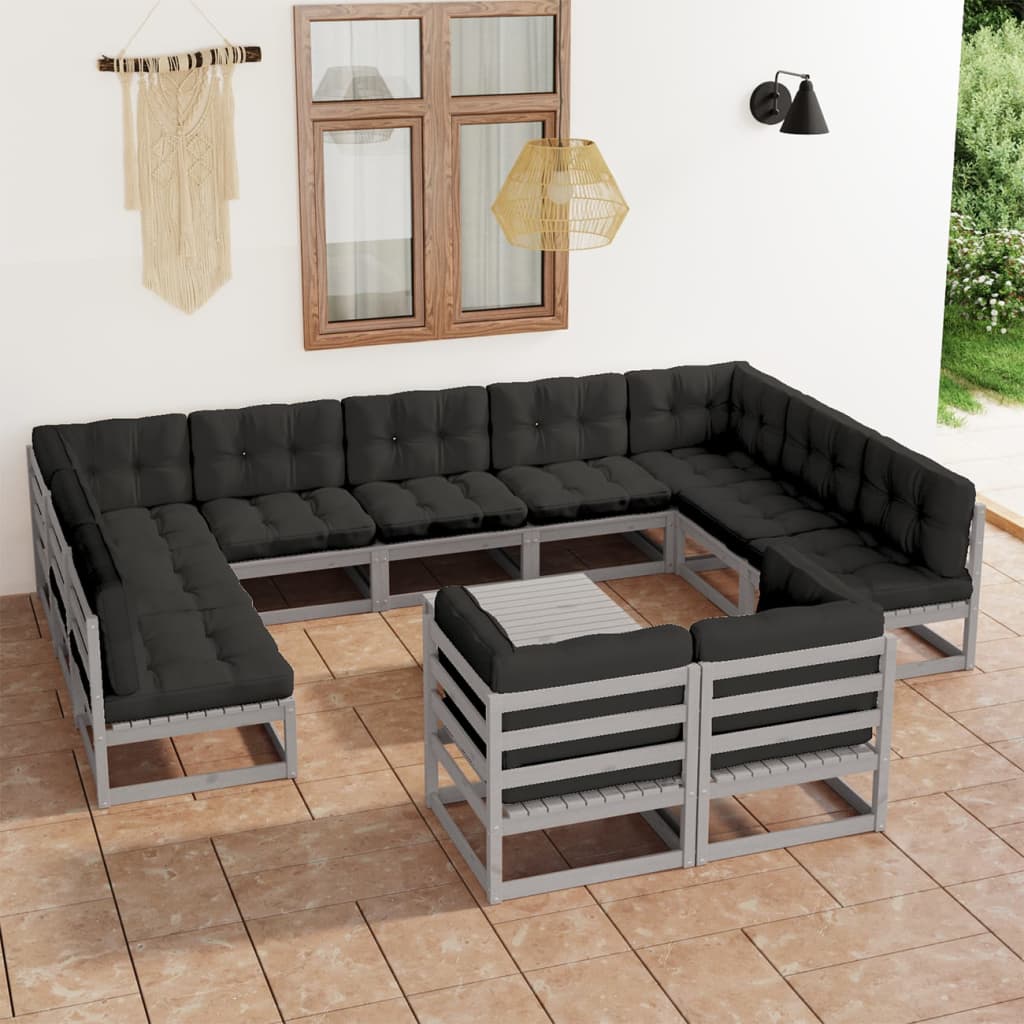 Salon de jardin 12 pcs avec coussins Gris Bois de pin massif