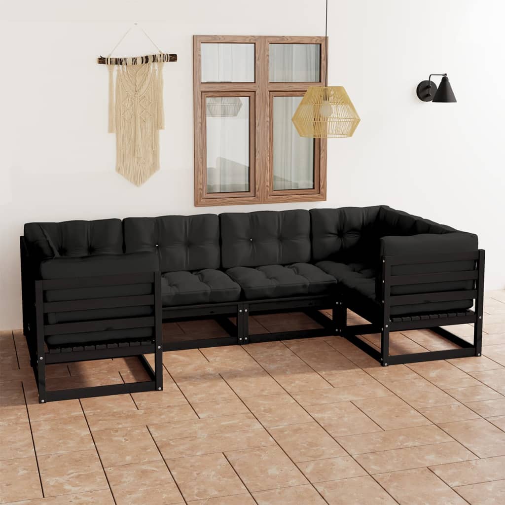 Salon de jardin 6 pcs avec coussins Noir Bois de pin massif