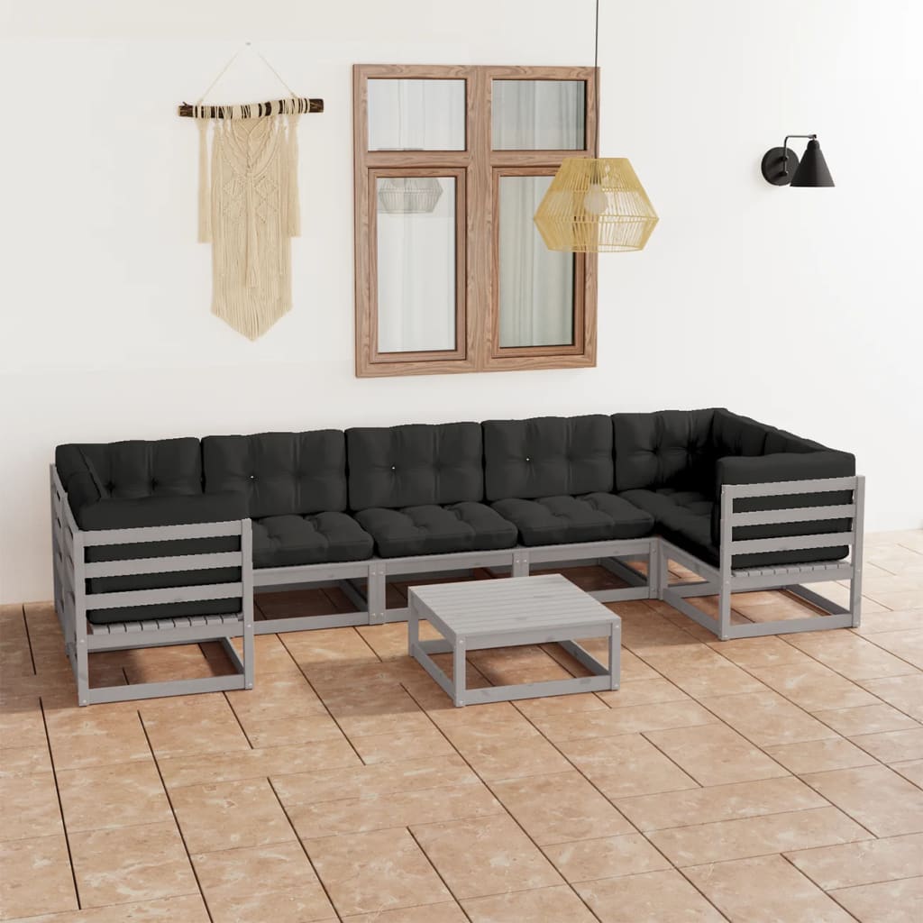 Salon de jardin 8 pcs avec coussins Gris Bois de pin massif