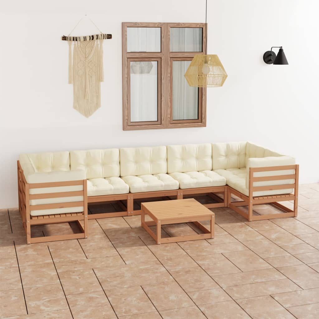 Salon de jardin 8 pcs avec coussins Marron miel Bois de pin