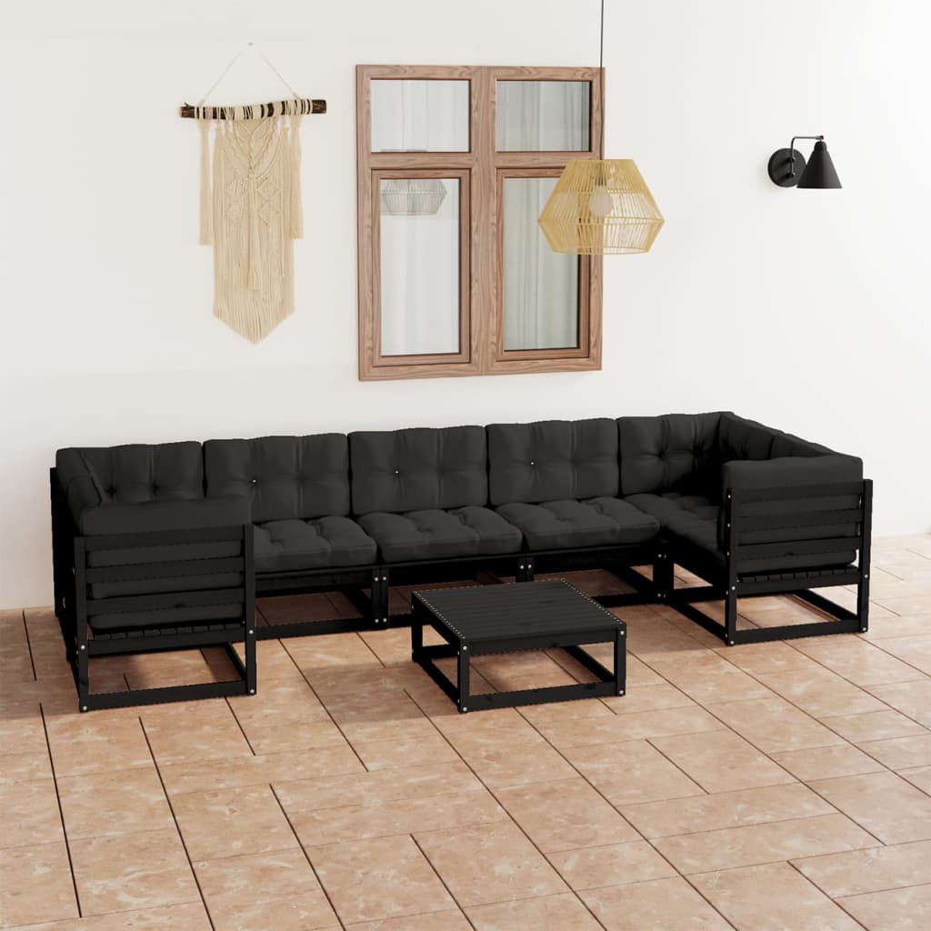 Salon de jardin 8 pcs avec coussins Noir Bois de pin massif