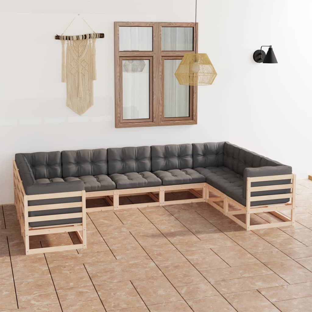 Salon de jardin 9 pcs avec coussins Bois de pin massif