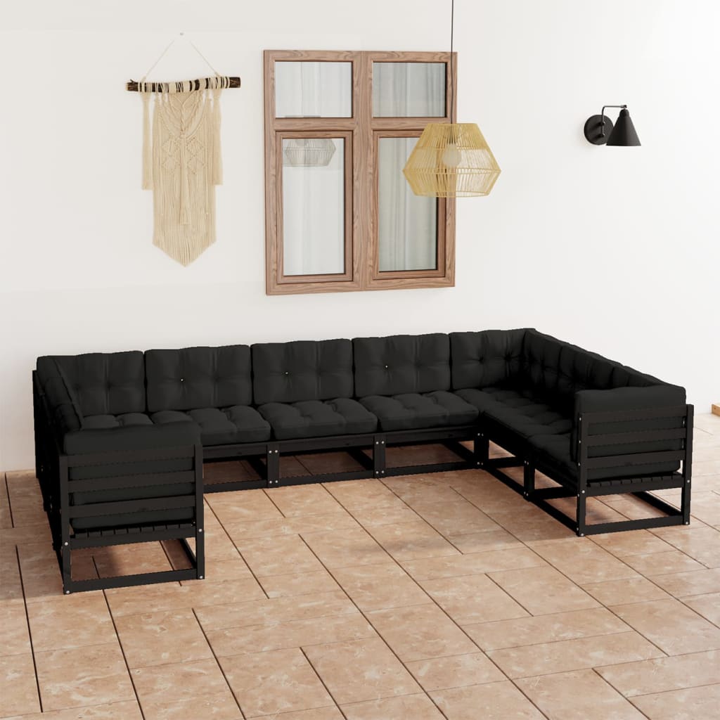 Salon de jardin 9 pcs avec coussins noir bois de pin massif