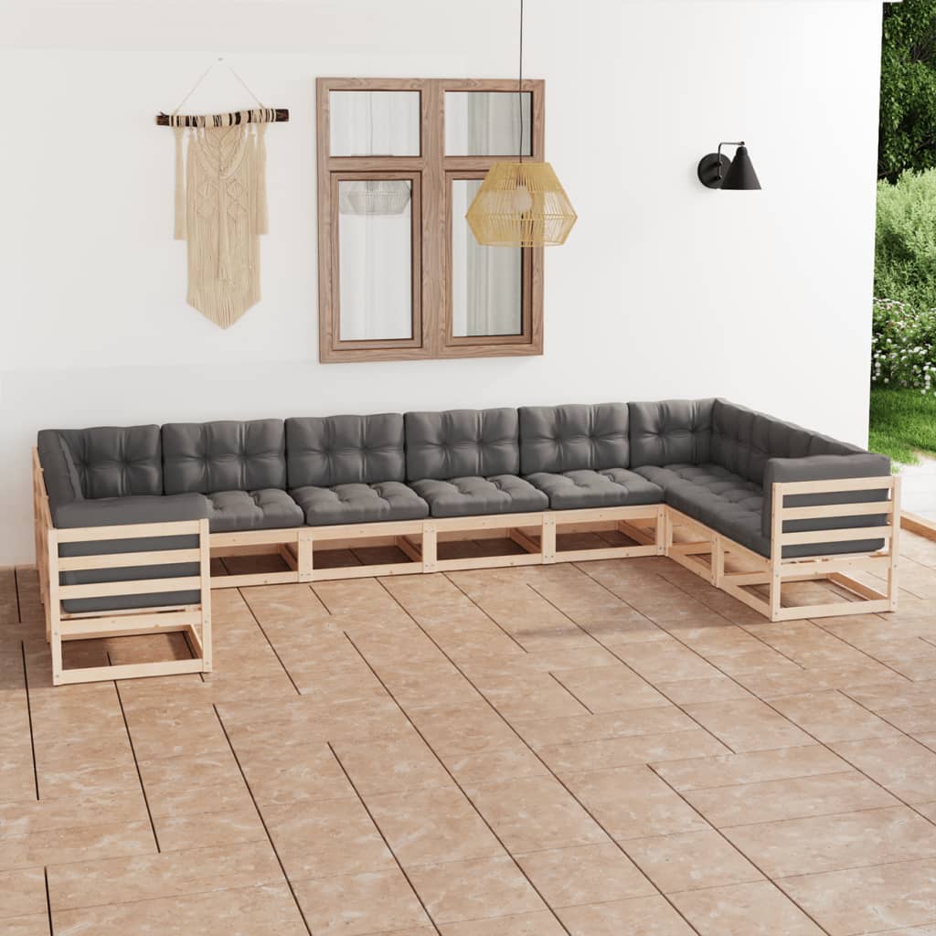 Salon de jardin 10 pcs avec coussins Bois de pin massif