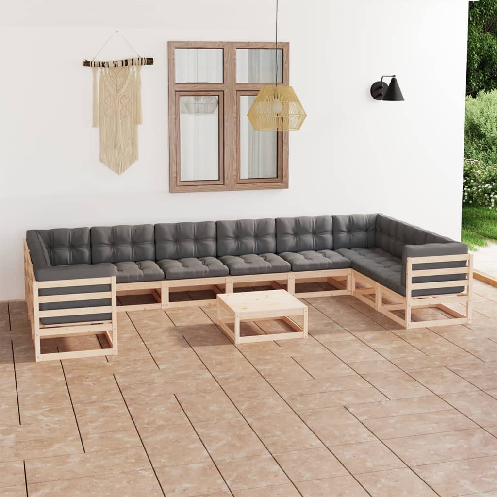 Salon de jardin 11 pcs avec coussins Bois de pin massif