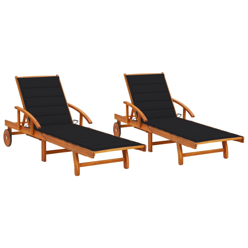 Long chairs 2 pcs with solid acacia wood cushions