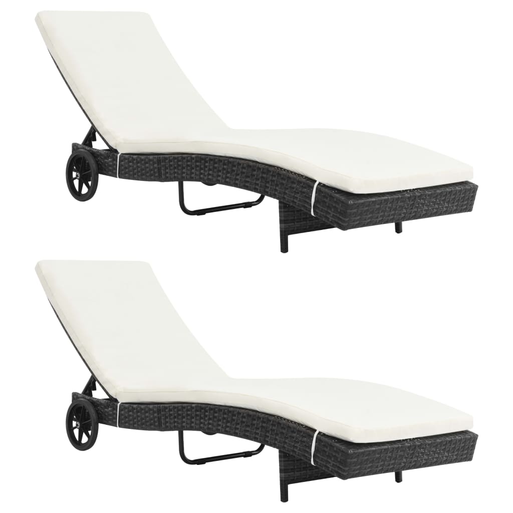 2pcs loungers with wheels and black braided resin cushions