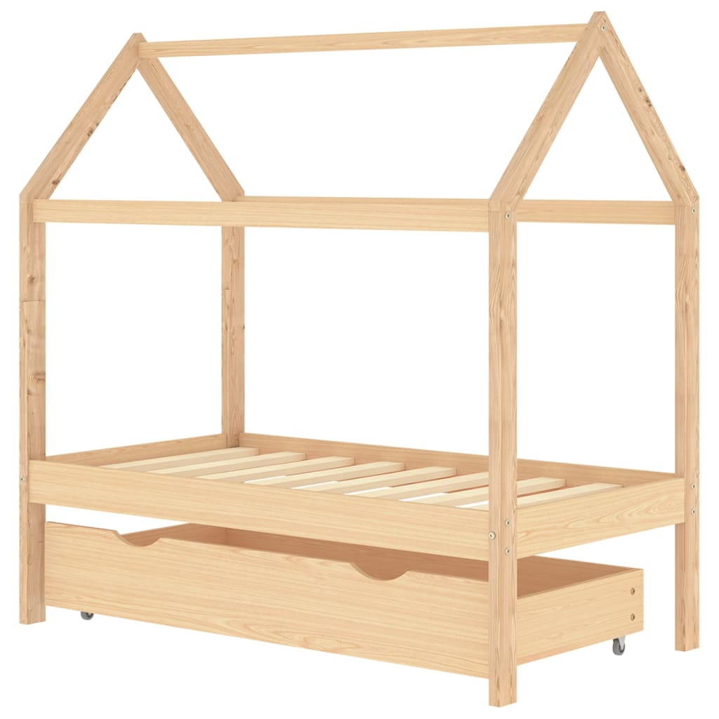 Children's bed frame with solid pine wood drawer 70x140 cm