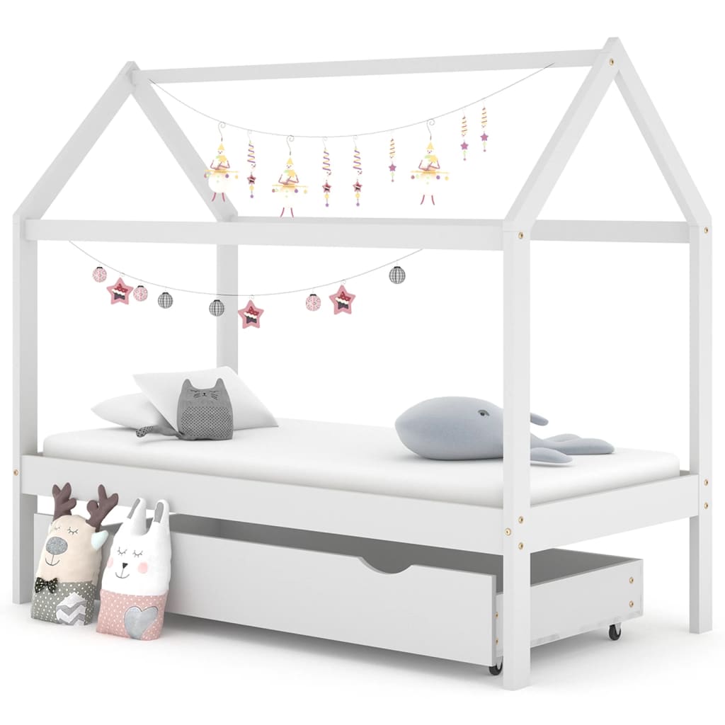 Kinderbett mit weißer Holzschublade fester Pin 80x160 cm