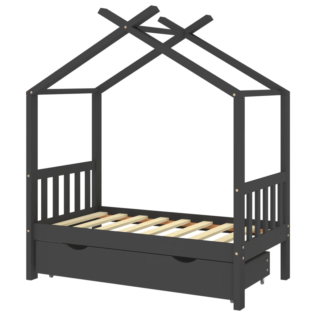 Children's bed frame with a dark gray pine drawer 70x140 cm