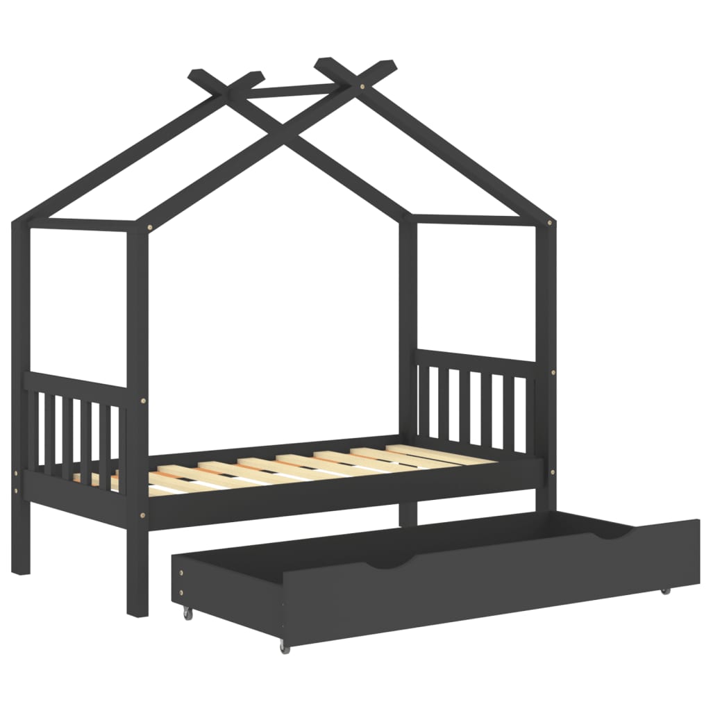 Child bed frame with dark gray drawer solid pine 80x160 cm