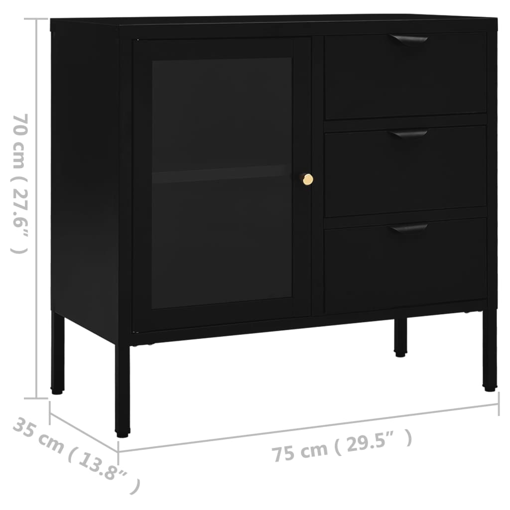 Black buffet 75x35x70 cm steel and tempered glass