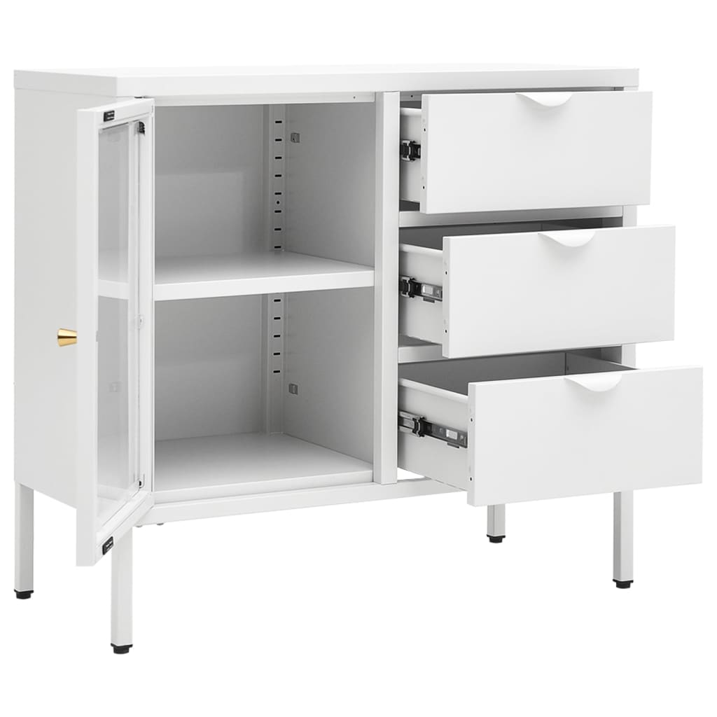 Weißes Buffet 75x35x70 cm Stahl und geschmittertes Glas