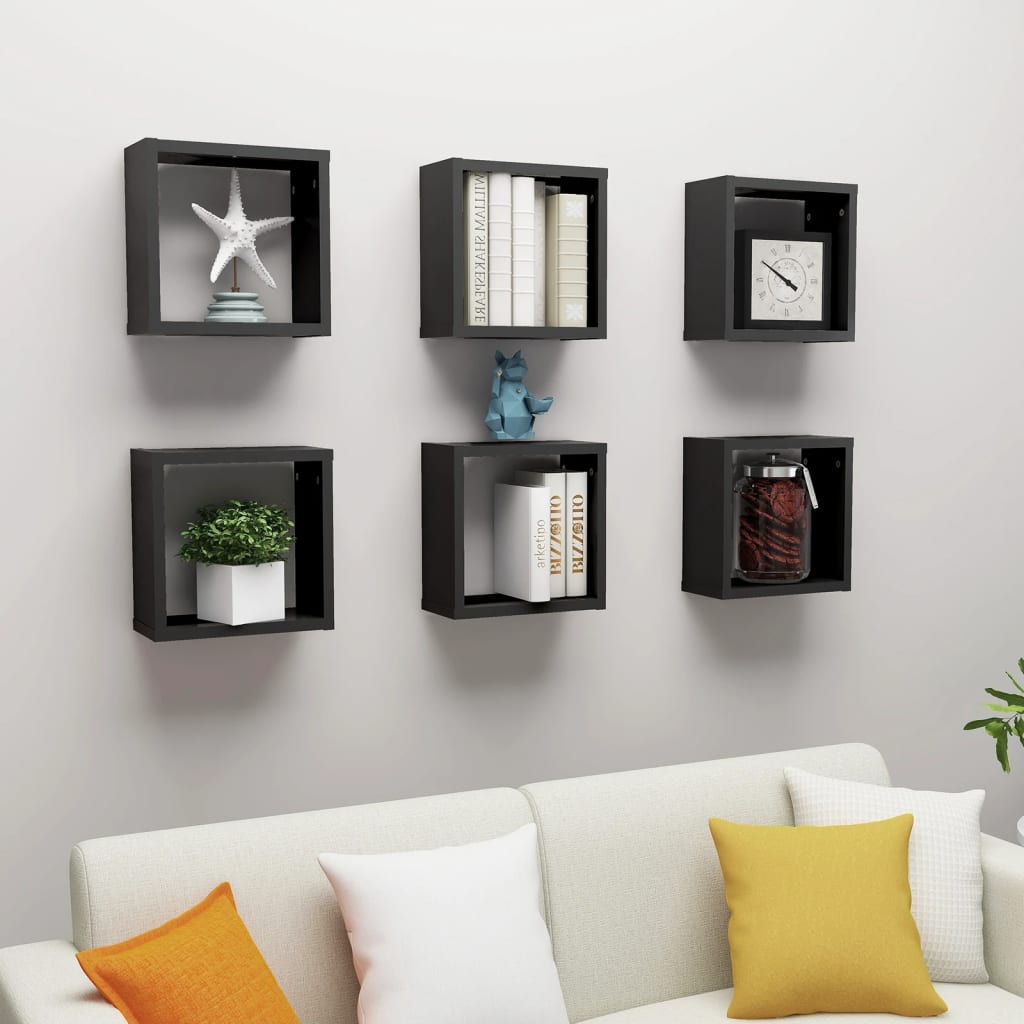 6 pcs black cube wall shelves 30x15x30 cm
