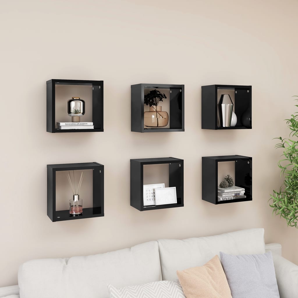 Cube wall shelves 6 pcs black shiny 26x15x26 cm