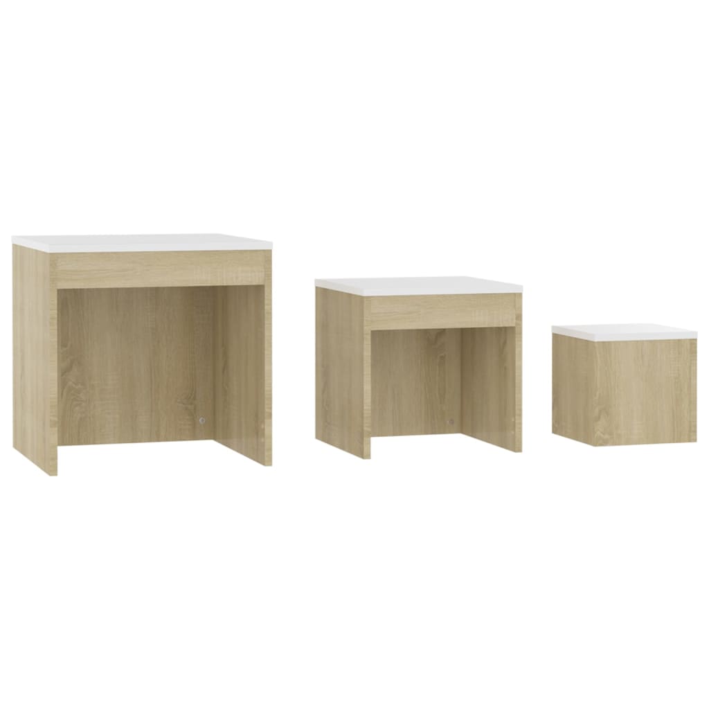 Tavolini impilabili 3 pezzi Truciolato bianco e rovere Sonoma