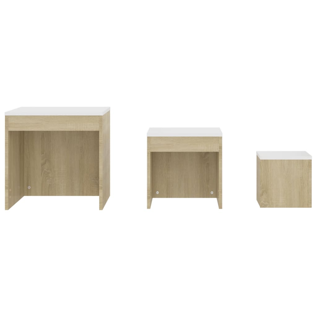 Tavolini impilabili 3 pezzi Truciolato bianco e rovere Sonoma