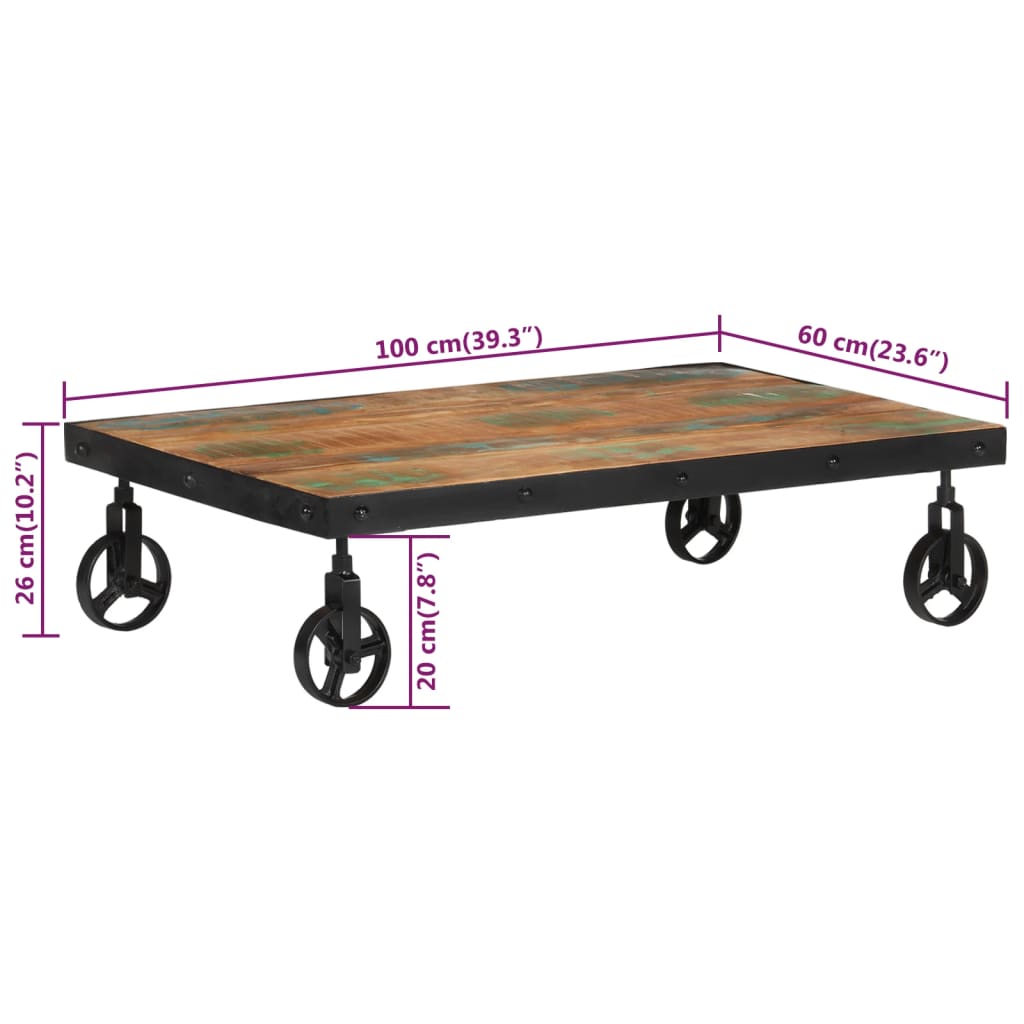 Coffee table with casters 100x60x26 cm recycled wood
