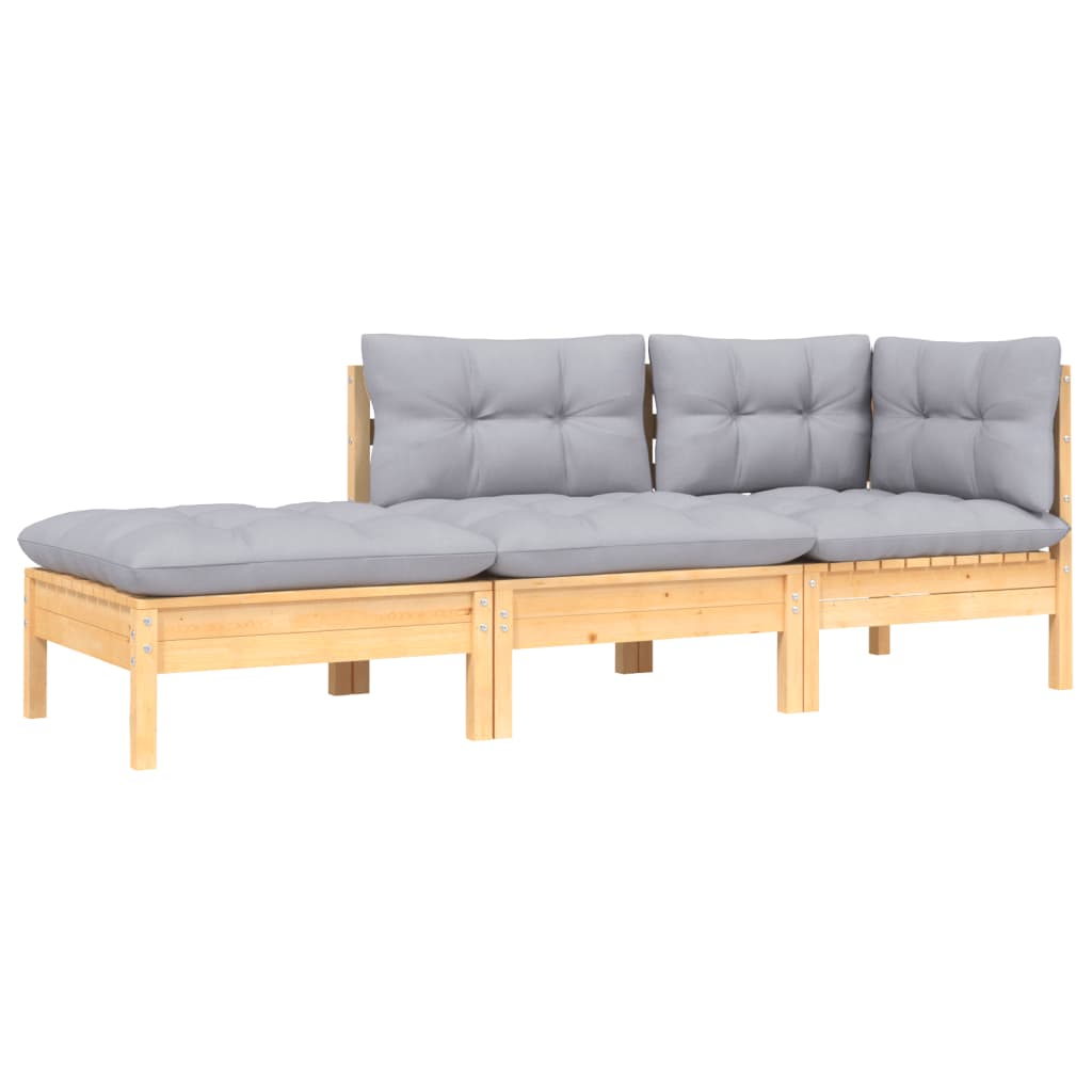 3 pcs garden furniture with solid gray pine wood cushions