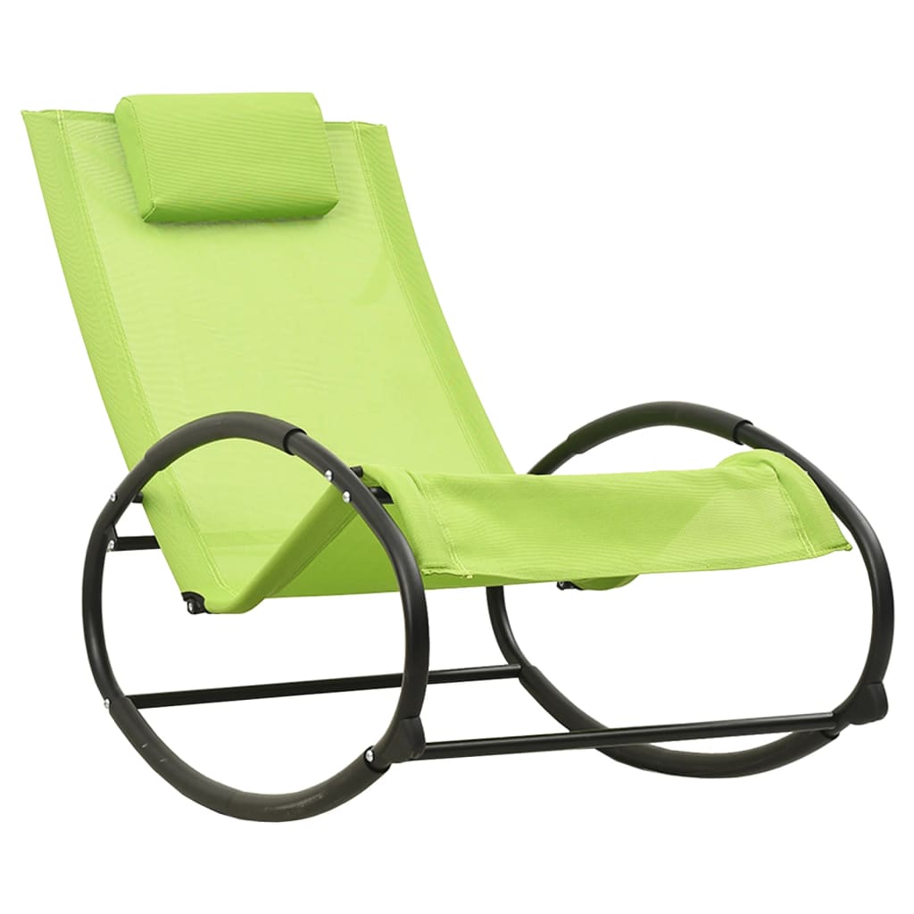 Langer Stuhl mit Stahl und grüner Textilenkissen