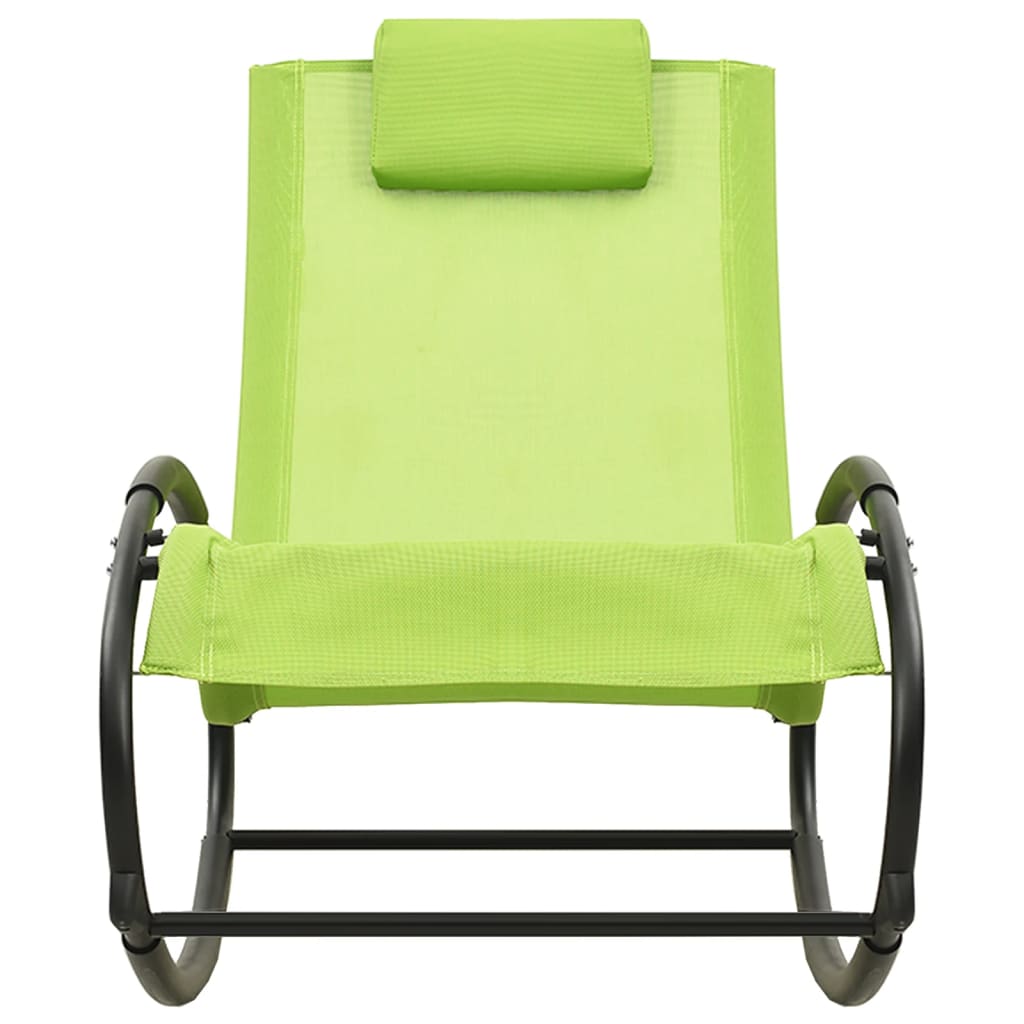 Langer Stuhl mit Stahl und grüner Textilenkissen