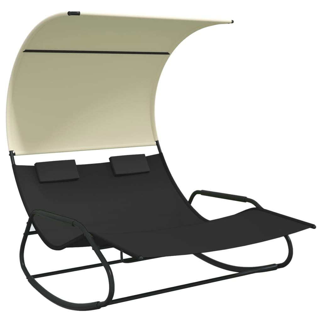 Doppelweilstuhl mit einer schwarzen und cremigen Markise