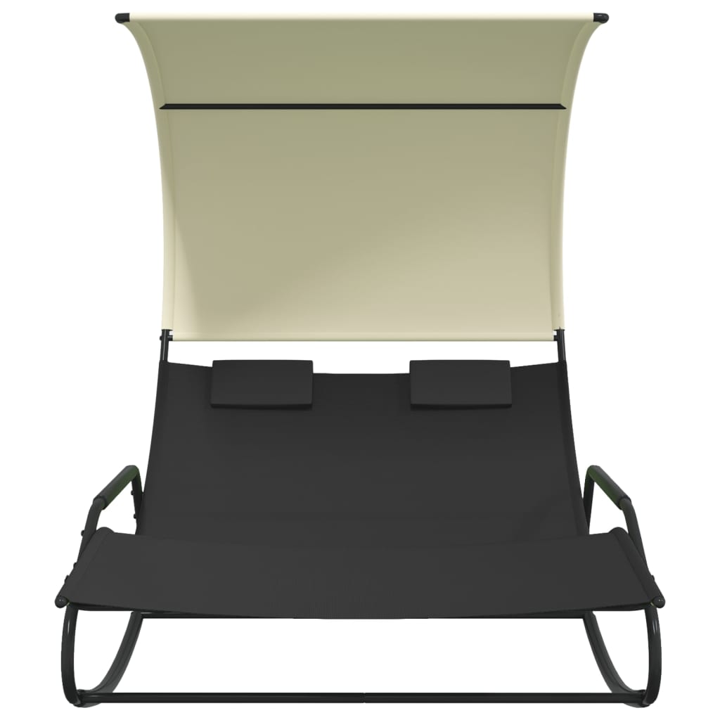 Chaise longue double à bascule avec auvent Noir et crème