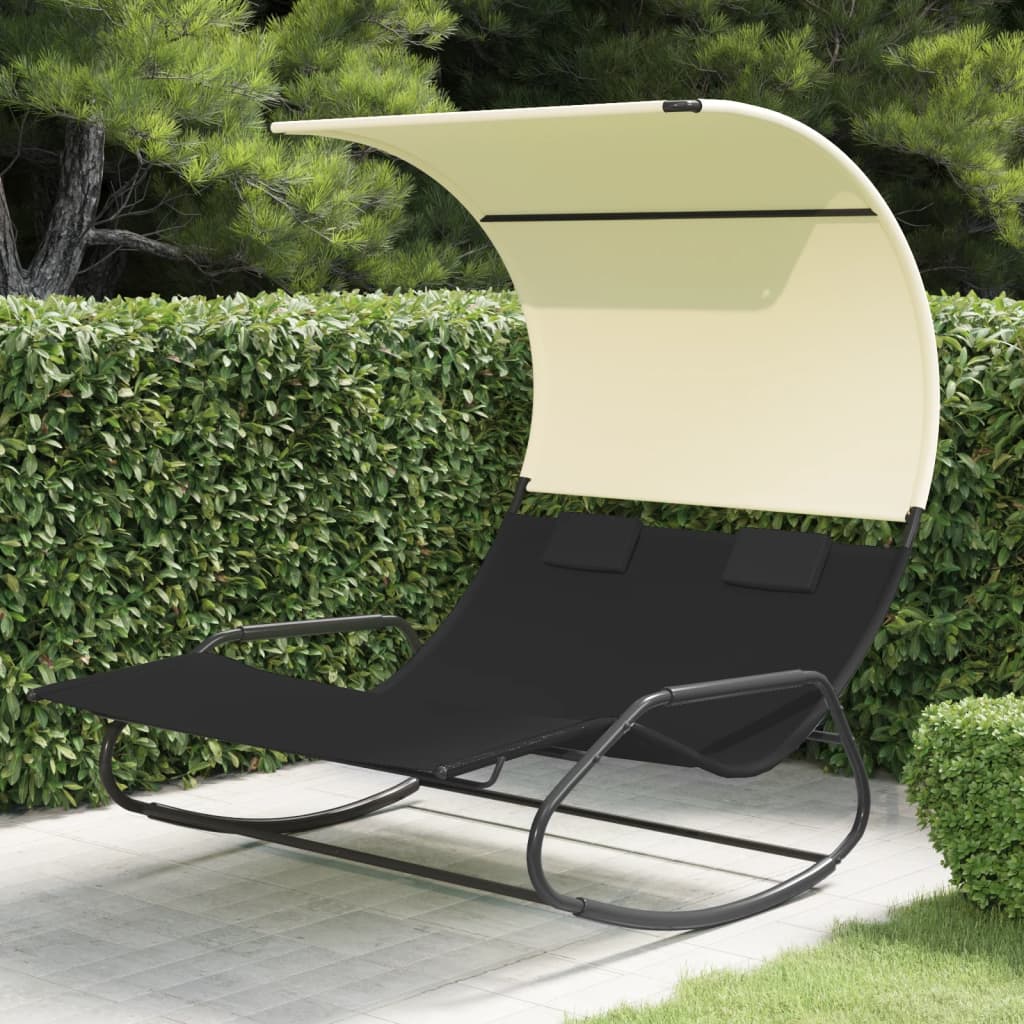 Double linger chair with a black and creamy awning