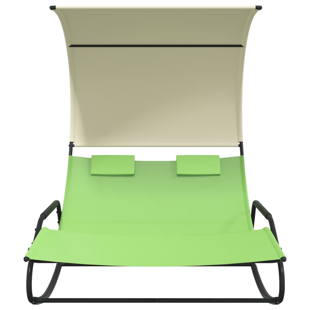 Doppelweilstuhl mit einer grünen Markise und Creme