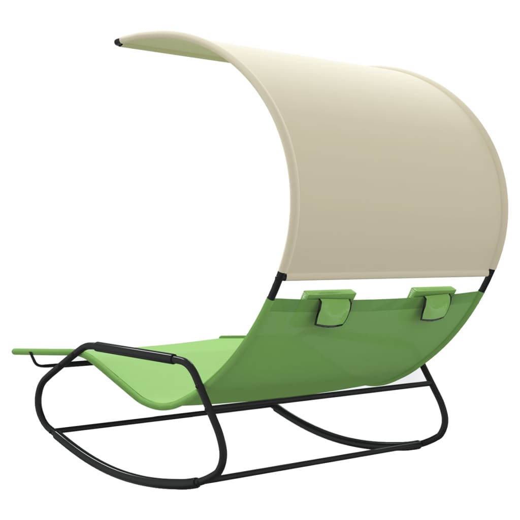 Doppelweilstuhl mit einer grünen Markise und Creme