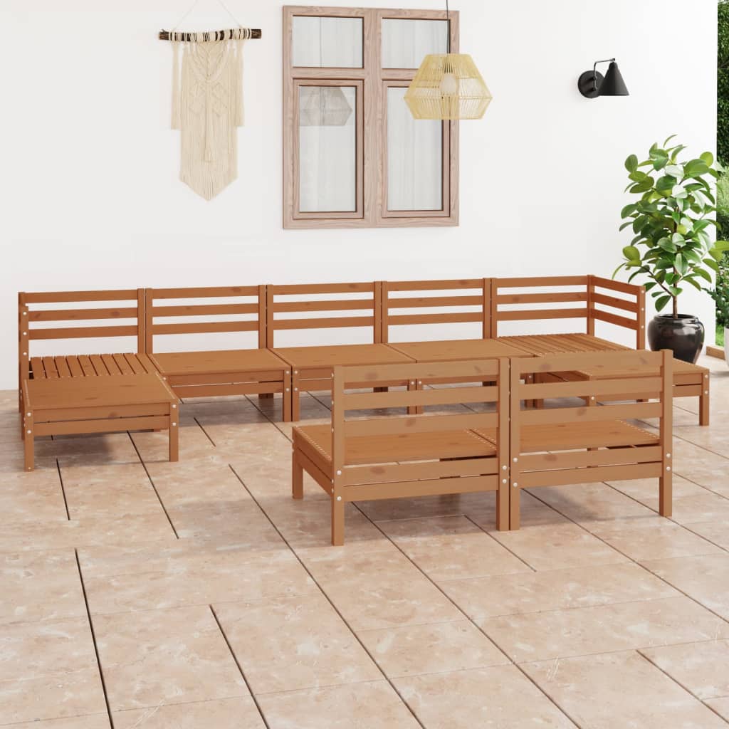 Salon de jardin 9 pcs Marron miel Bois de pin massif