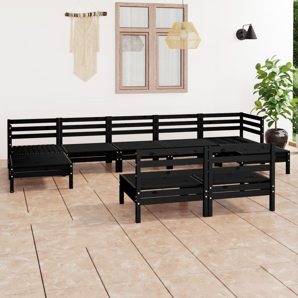 Salon de jardin 9 pcs Noir Bois de pin massif