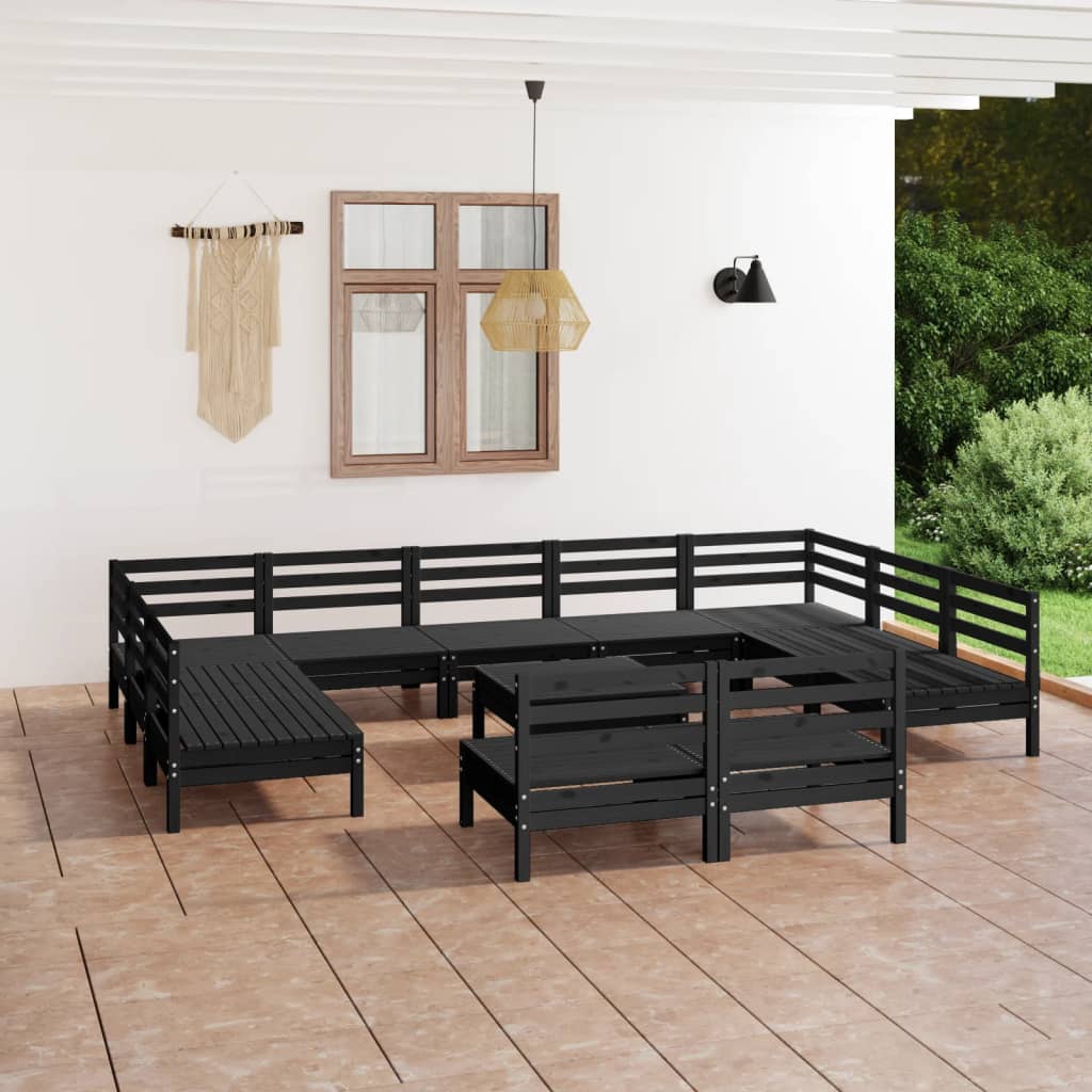 Salon de jardin 12 pcs Noir Bois de pin massif