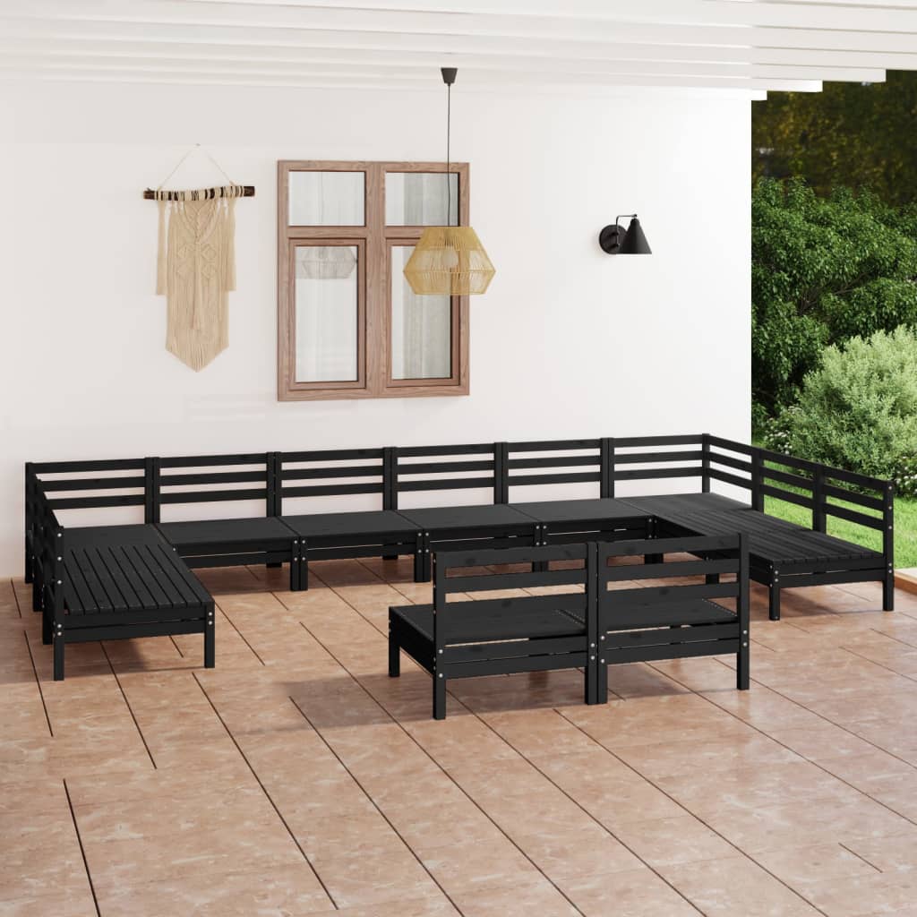 Salon de jardin 12 pcs Noir Bois de pin massif